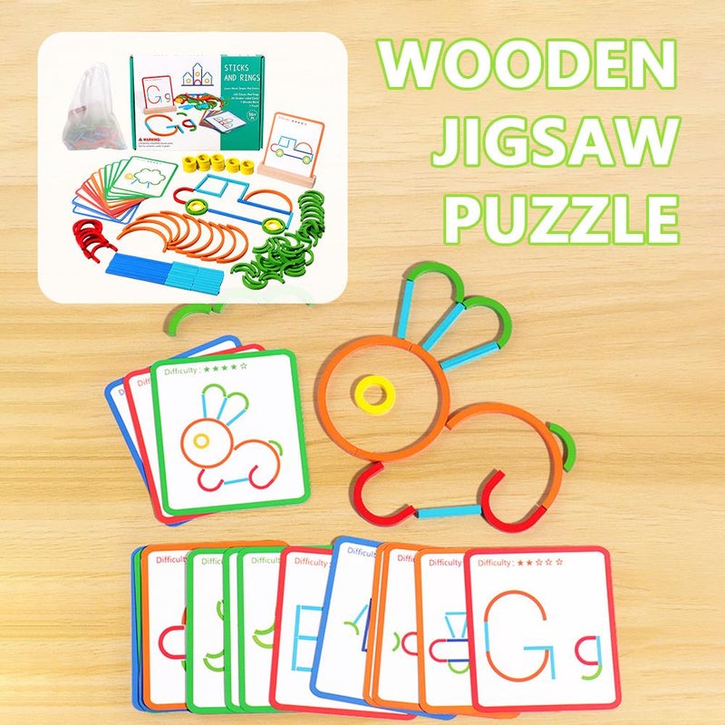 Wooden Montessori Smart Sticks, 120pcs Pattern Block Shape Puzzles,Wooden Sticks and Rings Puzzle Game Set for Quick Thinking, and Spelling/STEM/Art in One,Toys Gift for 3 4 5 Years Old Kids - Image 4